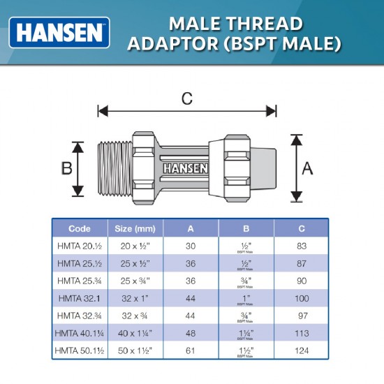 Hansen Fittings HMTA 32.3/4 Male Thread Adaptor 32MM x 3/4'' - Black Hansen Fittings HMTA 32.3/4 Male Thread Adaptor 32MM x 3/4'' - Black