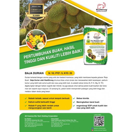 Real Strong MAX Durian Fertilizer (N:10, P2O5:5, K2O:25, MgO:2, S:9 + B) 25KG Real Strong MAX Durian Fertilizer (N:10, P2O5:5, K2O:25, MgO:2, S:9 + B) 25KG
