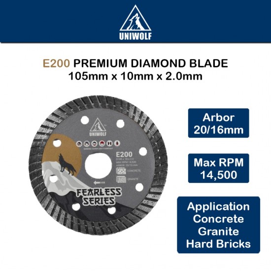 Uniwolf E200 Premium Diamond Blade Concrete/Granite/Hard Bricks Supreme Blade Cutting Disc 4"/105MM Uniwolf E200 Premium Diamond Blade Concrete/Granite/Hard Bricks Supreme Blade Cutting Disc 4"/105MM
