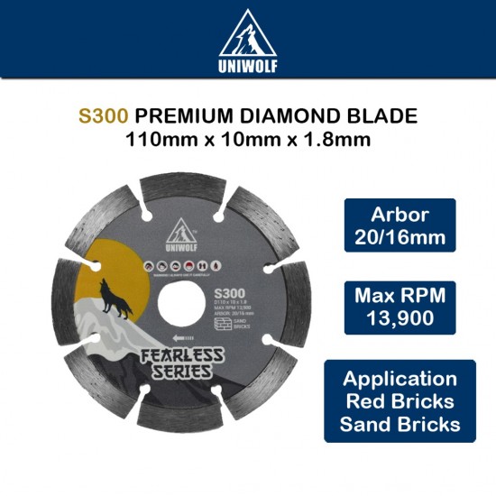 Uniwolf S300 Premium Diamond Blade Sand Bricks/Red Bricks Supreme Blade Cutting Disc 4"/110MM Uniwolf S300 Premium Diamond Blade Sand Bricks/Red Bricks Supreme Blade Cutting Disc 4"/110MM