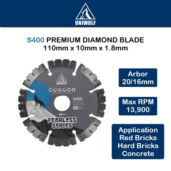 Uniwolf S400 Premium Diamond Blade Sand Bricks/Hard Bricks/Concrete Supreme Blade Cutting Disc 4"/110MM Uniwolf S400 Premium Diamond Blade Sand Bricks/Hard Bricks/Concrete Supreme Blade Cutting Disc 4"/110MM