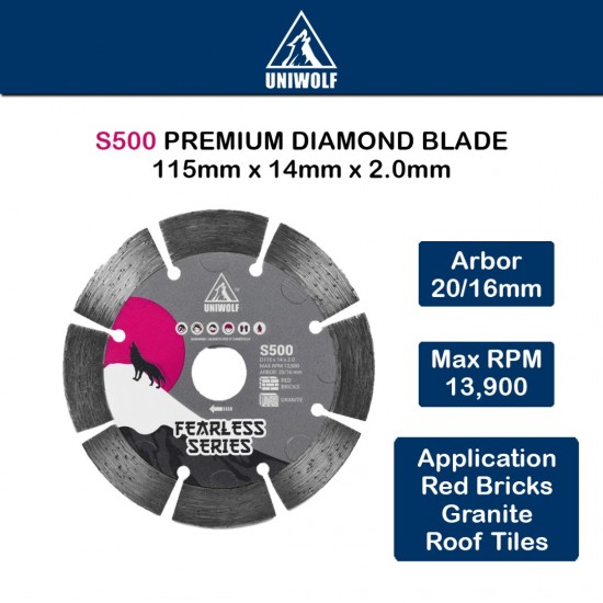Uniwolf S500 Premium Diamond Blade Red Bricks/Granite/Roof Tiles Supreme Blade Cutting Disc 4"/115MM Uniwolf S500 Premium Diamond Blade Red Bricks/Granite/Roof Tiles Supreme Blade Cutting Disc 4"/115MM