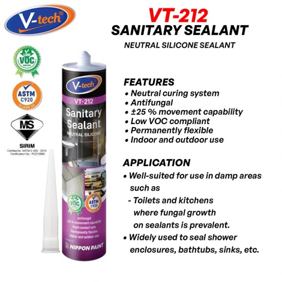 V-Tech VT-212 Sanitary Sealant Neutral Silicone Sealant 300ML - Clear/ White