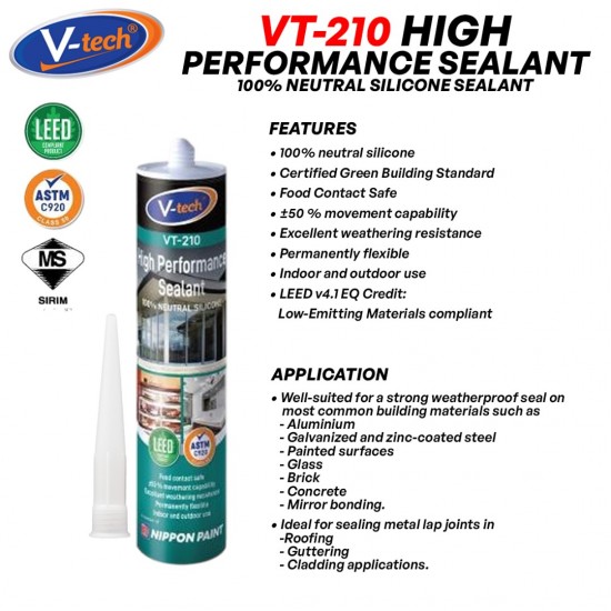 V-Tech VT-210 High Performance Sealant 100% Neutral Silicone Sealant 300ML - White/ Grey/ Black/ Translucent
