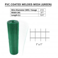 PVC Coated Welded Mesh 1" x 1" x 18G (WD) x 3' (W) x 70' (L) - GREEN