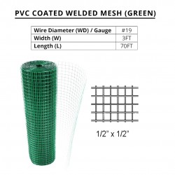 PVC Coated Welded Mesh 1/2" x 1/2" x 19G (WD) x 3' (W) x 70' (L) - GREEN