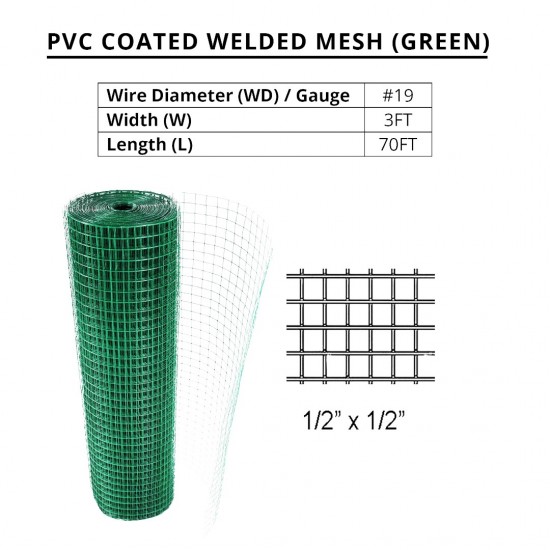 PVC Coated Welded Mesh 1/2" x 1/2" x 19G (WD) x 3' (W) x 70' (L) - GREEN PVC Coated Welded Mesh 1/2" x 1/2" x 19G (WD) x 3' (W) x 70' (L) - GREEN