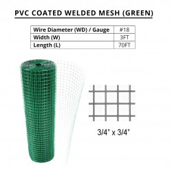 PVC Coated Welded Mesh 3/4" x 3/4" x 18G (WD) x 3' (W) x 70' (L) - GREEN