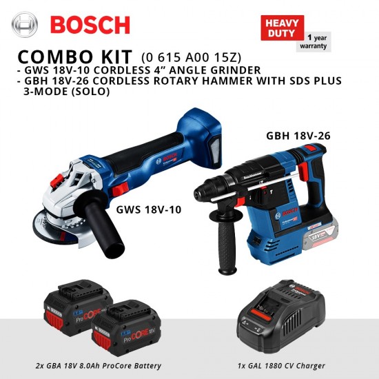 [COMBO] Bosch GWS 18V-10 Cordless 4" Angle Grinder (SET) + Bosch GBH 18V-26 Cordless Rotary Hammer with SDS plus (SOLO)