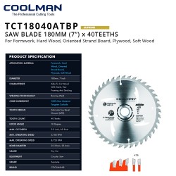 Coolman TCT18040ATBP Saw Blade 7" (DIA) x 40T x 22.23MM (BD)
