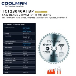 Coolman TCT23040ATBP Saw Blade 9" (DIA) x 40T x 22.23MM (BD)