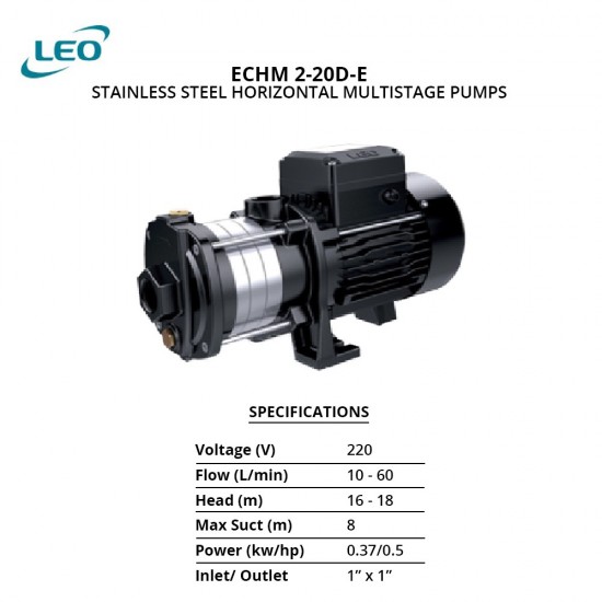 Leo ECHM 2-20D-E Stainless Steel 304 Horizontal Multistage Pump 0.37KW 0.5HP with Pump Control