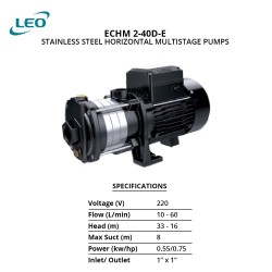 Leo ECHM 2-40D-E Stainless Steel 304 Horizontal Multistage Pump 0.55KW 0.75HP 