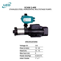 Leo ECHM 2-40E Stainless Steel 304 Horizontal Multistage Pump 0.55KW 0.75HP 
