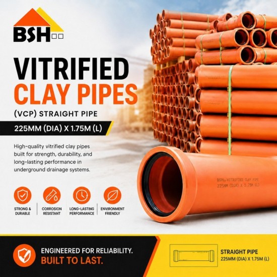 BSH Vitrified Clay Pipes (VCP) Straight Pipe 225MM (DIA) x 1.75M (L)