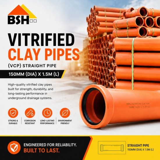 BSH Vitrified Clay Pipes (VCP) Straight Pipe 150MM (DIA) x 1.5M (L) BSH Vitrified Clay Pipes (VCP) Straight Pipe 150MM (DIA) x 1.5M (L)