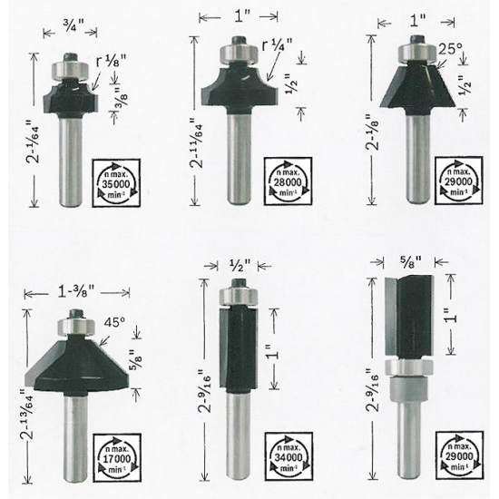 BOSCH Trimmer & Edging Router Bit Set 1/4" Shank 6PCS (2607017470)