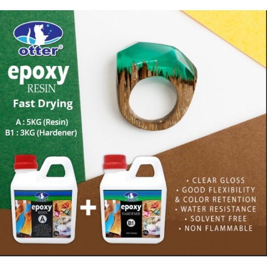 Otter Epoxy Resin Fast Drying Two Parts (A: Resin 5KG + B1: Hardener 3KG) Water Clear Based Adhesive 8KG Otter Epoxy Resin Fast Drying Two Parts (A: Resin 5KG + B1: Hardener 3KG) Water Clear Based Adhesive 8KG