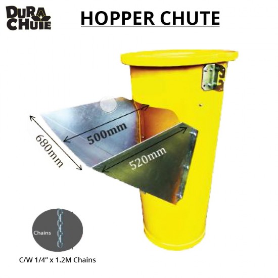 Durachute 600 Hopper Chute with Hopper Steel 600MM (D) x 1M (H) C/W 2x 1.2M Link Chain Durachute 600 Hopper Chute with Hopper Steel 600MM (D) x 1M (H) C/W 2x 1.2M Link Chain