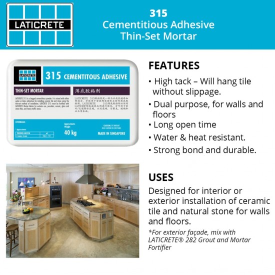 Laticrete 315 Cementitious Adhesive Thin Set Mortar 40KG (Grey)
