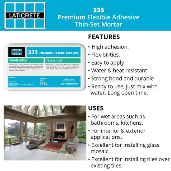 Laticrete 335 Premium Flexible Adhesive Thin-Set Mortar 25KG (Grey) Laticrete 335 Premium Flexible Adhesive Thin-Set Mortar 25KG (Grey)