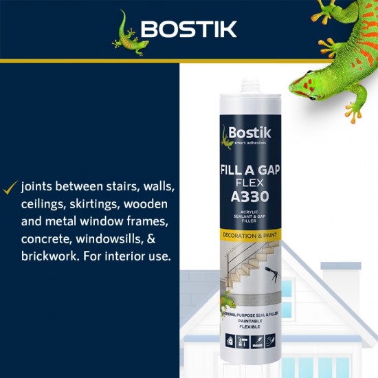 Bostik A330 Fill A Gap Flex, Easy to Apply & Clean, Versatile Economic Acrylic Sealant 450G - White Bostik A330 Fill A Gap Flex, Easy to Apply & Clean, Versatile Economic Acrylic Sealant 450G - White