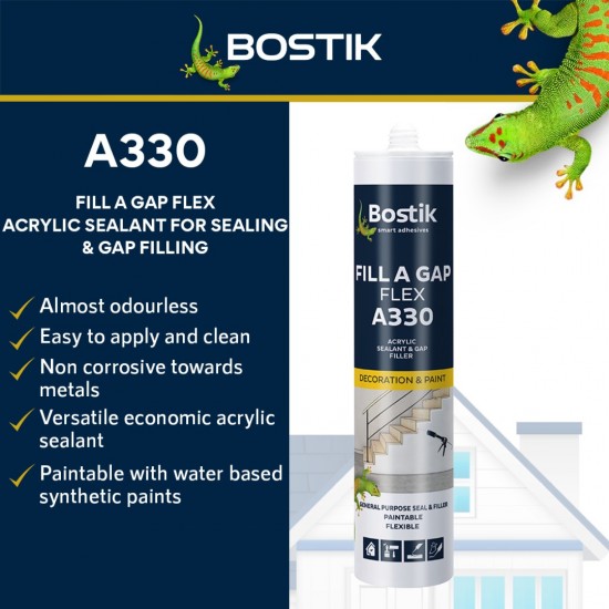 Bostik A330 Fill A Gap Flex, Easy to Apply & Clean, Versatile Economic Acrylic Sealant 450G - White Bostik A330 Fill A Gap Flex, Easy to Apply & Clean, Versatile Economic Acrylic Sealant 450G - White