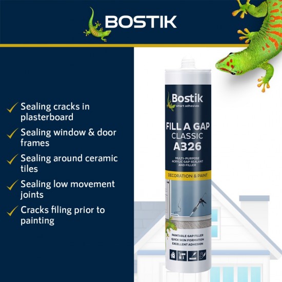 Bostik A326 Fill A Gap Classic, High Bond Strength, Can Be Overpainted With Acrylic Paint 450G - White Bostik A326 Fill A Gap Classic, High Bond Strength, Can Be Overpainted With Acrylic Paint 450G - White