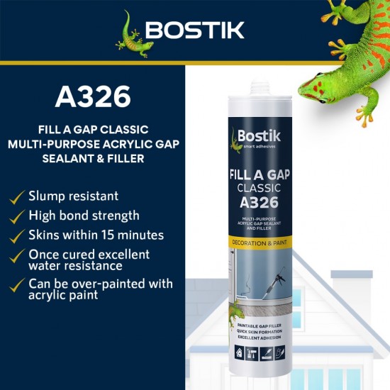 Bostik A326 Fill A Gap Classic, High Bond Strength, Can Be Overpainted With Acrylic Paint 450G - White Bostik A326 Fill A Gap Classic, High Bond Strength, Can Be Overpainted With Acrylic Paint 450G - White
