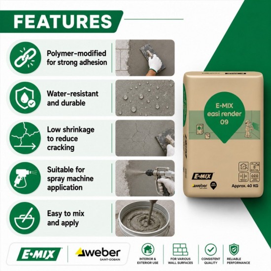 E.Mix Easi Render 09 Premixed Cement Render For Brick, Block And Fairface Concrete Walls, Patching And General Use 40KG (GREY) E.Mix Easi Render 09 Premixed Cement Render For Brick, Block And Fairface Concrete Walls, Patching And General Use 40KG (GREY)