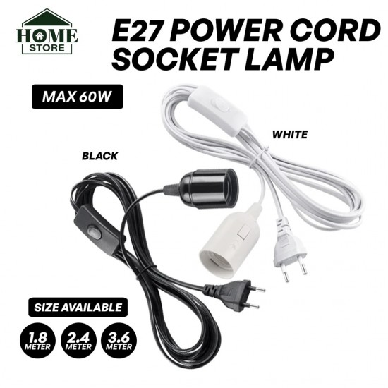 Home Store E27 Power Cord Socket Lamp Cable With Euro Type Plug Max 60W 1.8M/ 2.4M/ 3.6M (Black, White)
