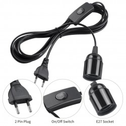 Home Store E27 Power Cord Socket Lamp Cable With Euro Type Plug Max 60W 1.8M/ 2.4M/ 3.6M (Black, White)