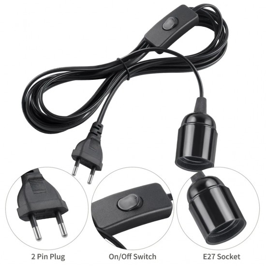 Home Store E27 Power Cord Socket Lamp Cable With Euro Type Plug Max 60W 1.8M/ 2.4M/ 3.6M (Black, White)