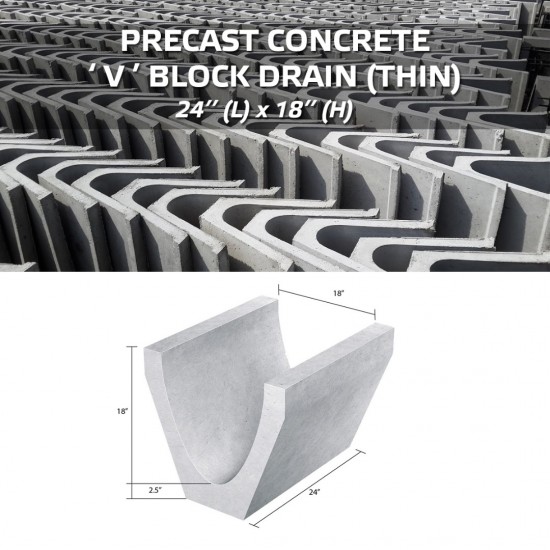 Precast Concrete V Block Drain 18'' (W) x 18'' (H) x 24'' (L) x 2.5'' (T) - Thin Precast Concrete V Block Drain 18'' (W) x 18'' (H) x 24'' (L) x 2.5'' (T) - Thin