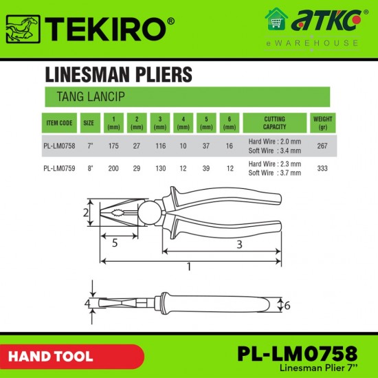 Tekiro PL-LM0758 Linesman Pliers 7''
