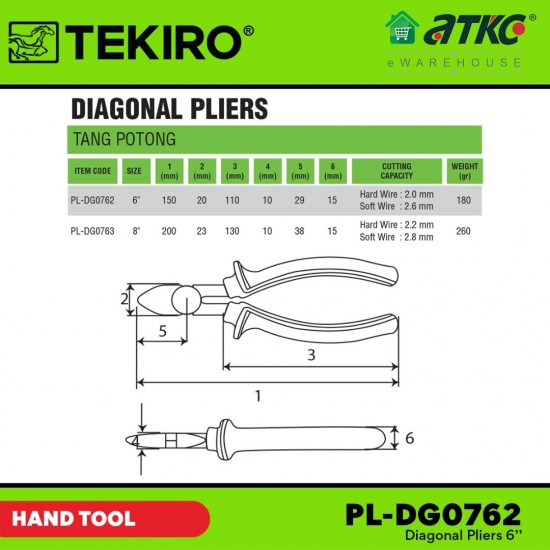 Tekiro PL-DG0762 Diagonal Pliers 6'' Tekiro PL-DG0762 Diagonal Pliers 6''