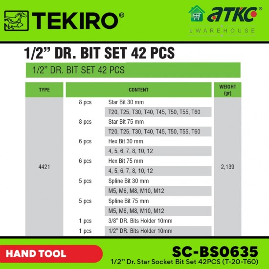 Tekiro SC-BS0635 1/2'' Dr.Star Socket Bit Set (T20-T60) 42PCS Tekiro SC-BS0635 1/2'' Dr.Star Socket Bit Set (T20-T60) 42PCS