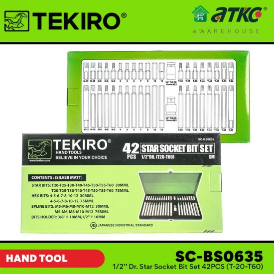 Tekiro SC-BS0635 1/2'' Dr.Star Socket Bit Set (T20-T60) 42PCS Tekiro SC-BS0635 1/2'' Dr.Star Socket Bit Set (T20-T60) 42PCS