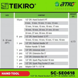 Tekiro SC-SE0618 1/2'' Dr.Hand Socket Set 6PT (8-32MM) 32PCS Tekiro SC-SE0618 1/2'' Dr.Hand Socket Set 6PT (8-32MM) 32PCS