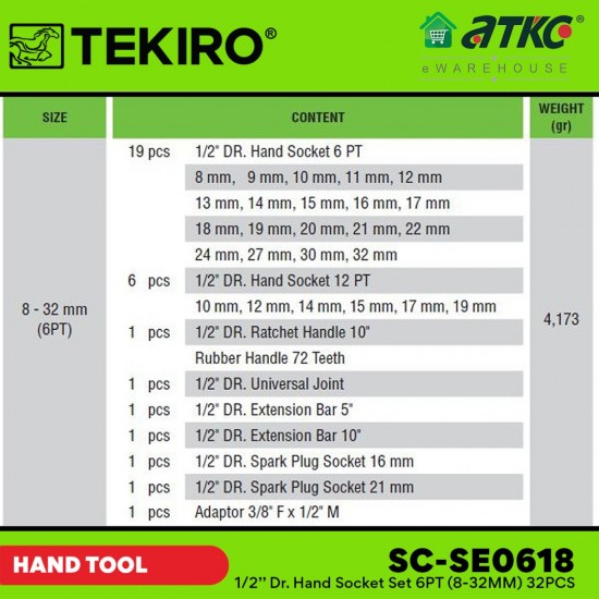 Tekiro SC-SE0618 1/2'' Dr.Hand Socket Set 6PT (8-32MM) 32PCS Tekiro SC-SE0618 1/2'' Dr.Hand Socket Set 6PT (8-32MM) 32PCS