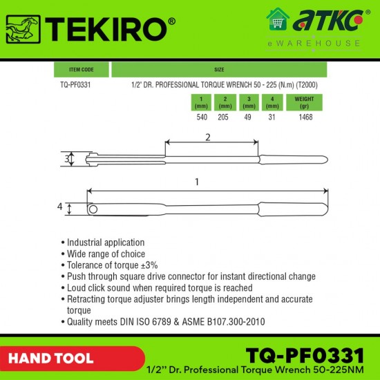 Tekiro TQ-PF0331 1/2'' Dr. Professional Torque Wrench (50-225NM) Tekiro TQ-PF0331 1/2'' Dr. Professional Torque Wrench (50-225NM)