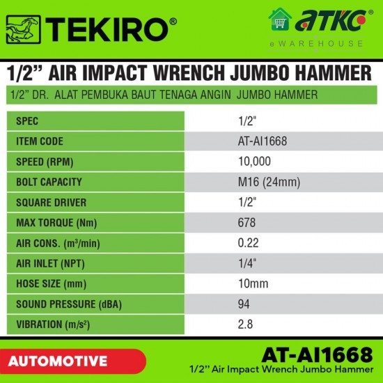 Tekiro AT-AI1668 1/2'' Air Impact Wrench Jumbo Hammer Tekiro AT-AI1668 1/2'' Air Impact Wrench Jumbo Hammer
