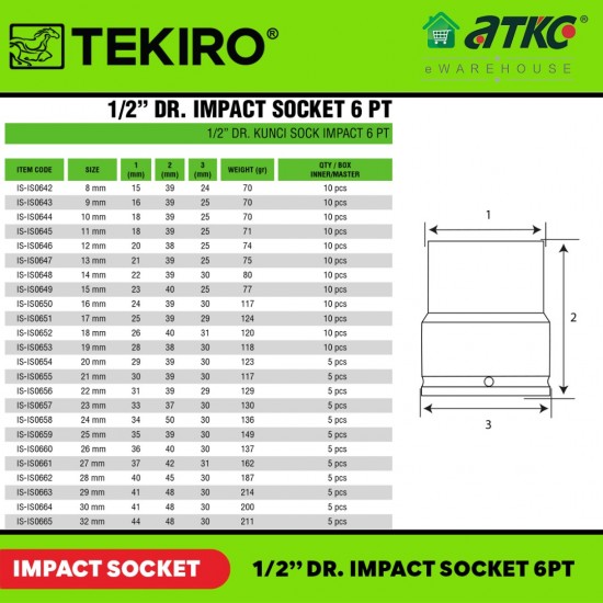 Tekiro IS-IS0647 1/2'' Dr. Impact Socket 6PT 13MM  