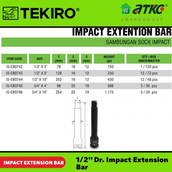 Tekiro IS-EB0742 1/2'' Dr. Impact Extension Bar 3''  