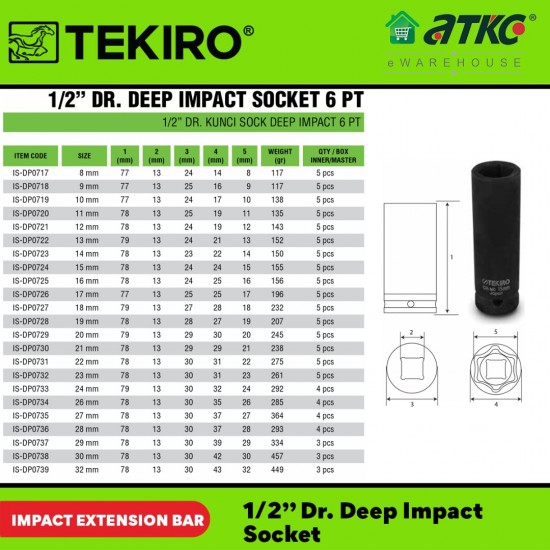 Tekiro IS-DP0729 1/2'' Deep Impact Socket 6PT 20MM