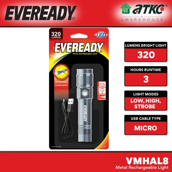 Eveready VMHAL8 Metal Rechargeable LED Light 320 Lumens C/W Micro USB Cable
