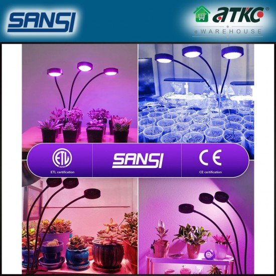 SANSI 24W Adjustable 3-Head LED Grow Light Daylight Full Spectrum And Sunlight Grow Light Flexible Lamp For Indoor Garden Houseplants/Greenhouse