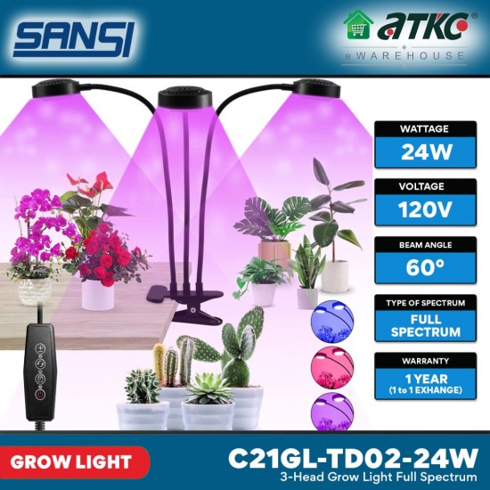 SANSI 24W Adjustable 3-Head LED Grow Light Daylight Full Spectrum And Sunlight Grow Light Flexible Lamp For Indoor Garden Houseplants/Greenhouse