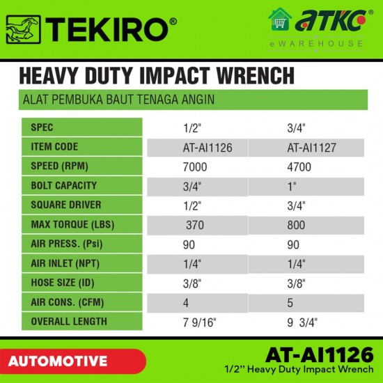 Tekiro AT-AI1126 1/2'' Heavy Duty Impact Wrench Tekiro AT-AI1126 1/2'' Heavy Duty Impact Wrench
