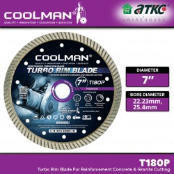 Coolman T180P Continuous Turbo Rim Premium Diamond Blade For Reinforcement Concrete & Granite Cutting 7''/180MM (D) 